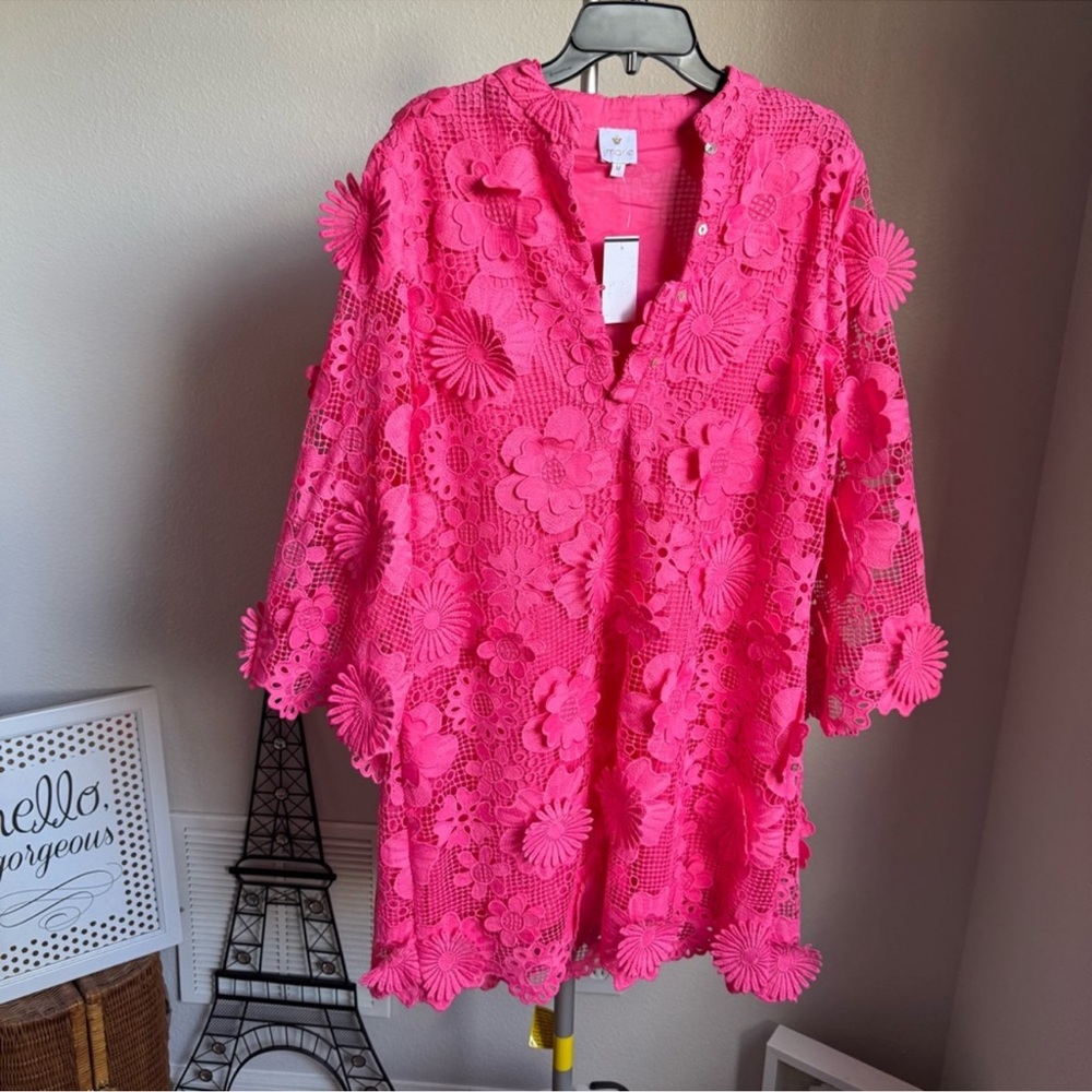 NWT J.Marie Seraphina Floral 3D Lace Split Round Button Up Neck Shift Dress Sz M - Picture 8 of 13